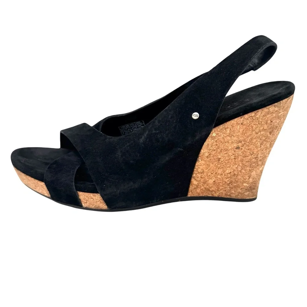 UGG HAZEL BLACK SUEDE & CORK WEDGE HEEL PLATFORM SANDALS